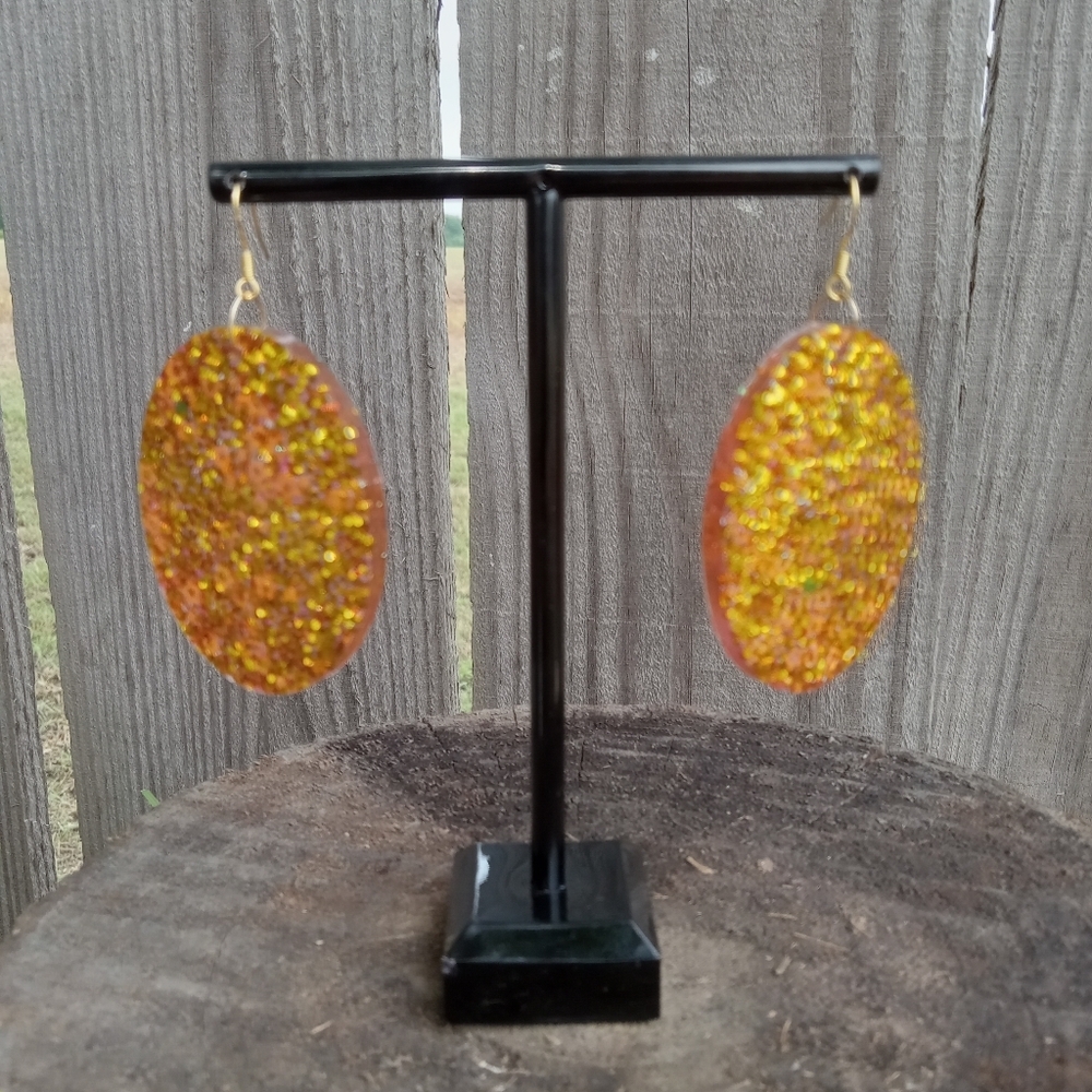 Sparkling Gold and Orange Oval Earrings - Picture 2 of 6